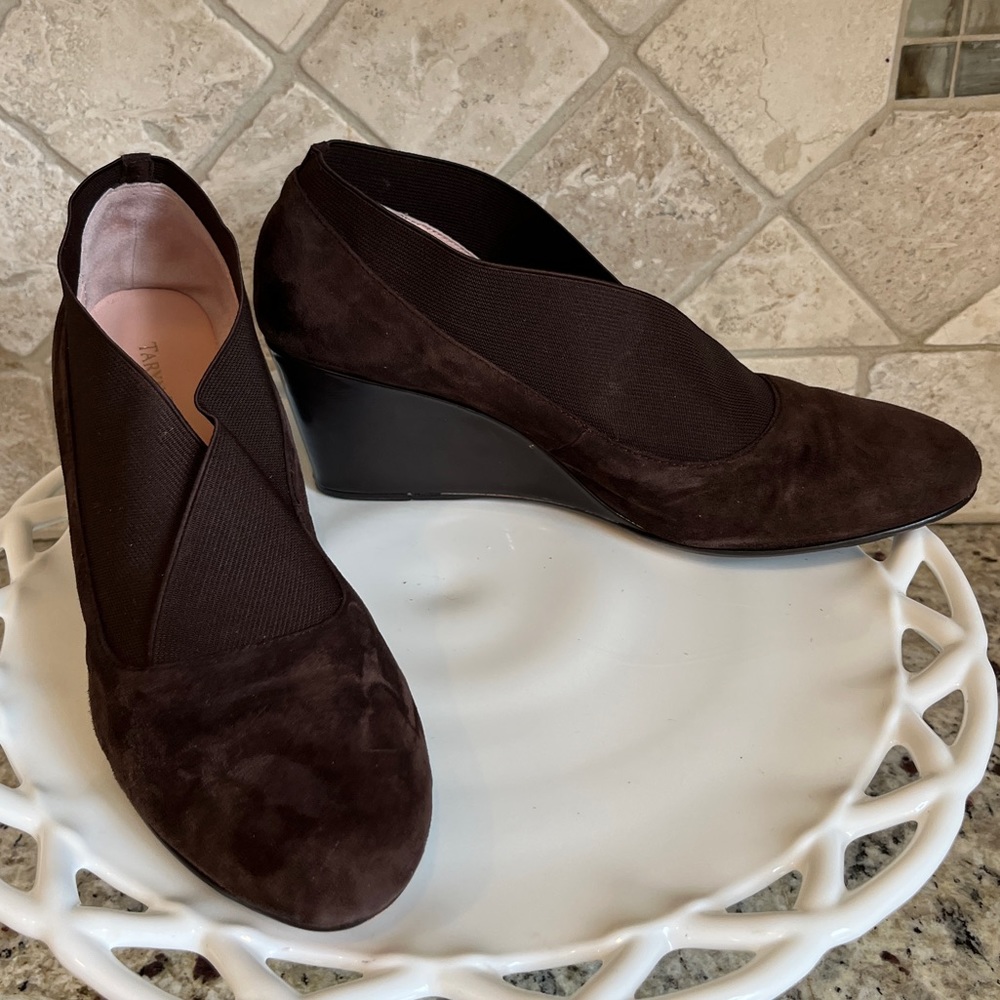Taryn Rose Kelly Chocolate Brown Slip On Suede Wedge Heels